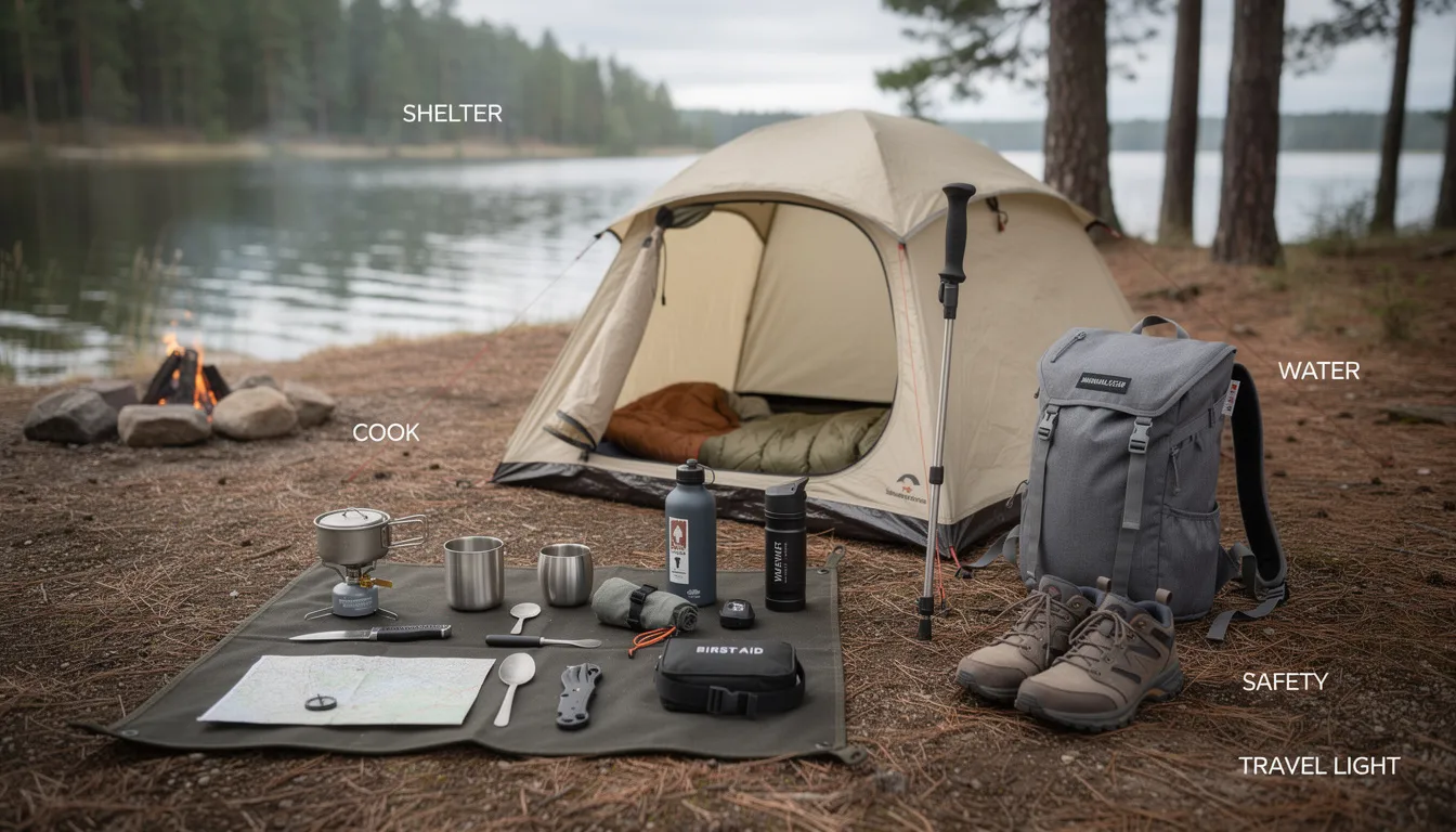 essential gear for minimalist camping basics laid out on a tarp