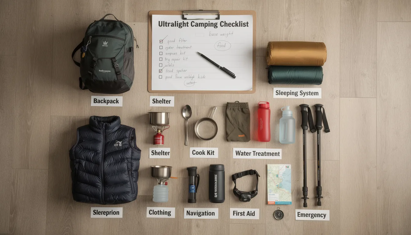 example of gear in an ultralight camping checklist