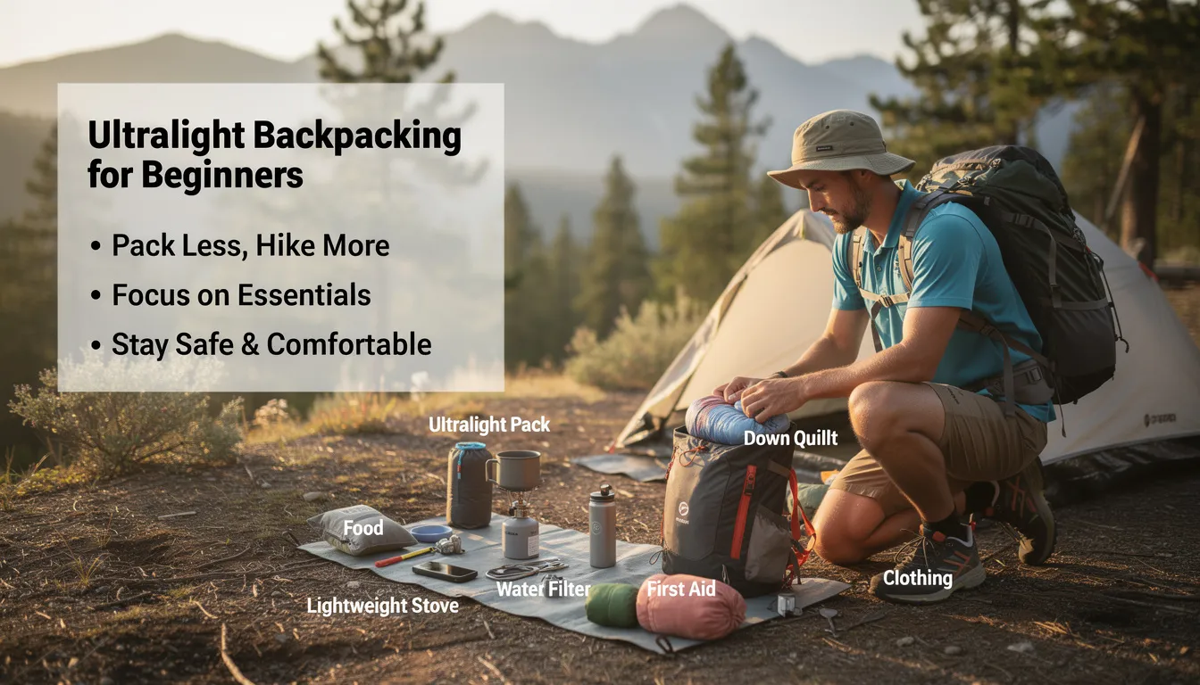 ultralight backpacking for beginners setting up a lightweight shelter on a scenic trail