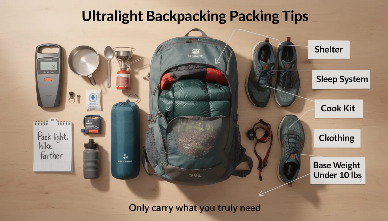 ultralight backpacking packing tips illustrated with a streamlined pack and safety-first gear selection