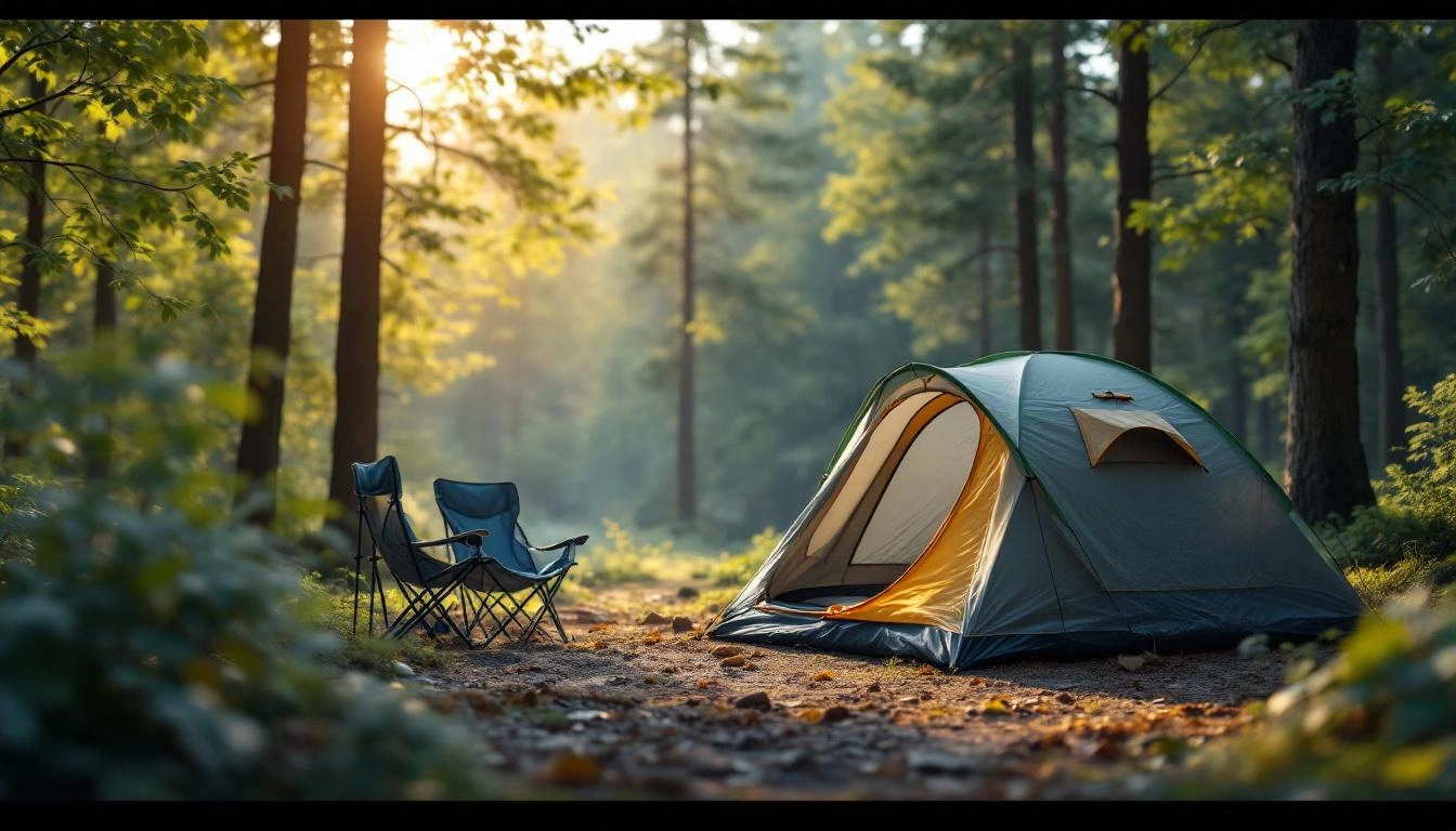 Compact foldable camping gear setup including chair, table, and lantern at a campsite