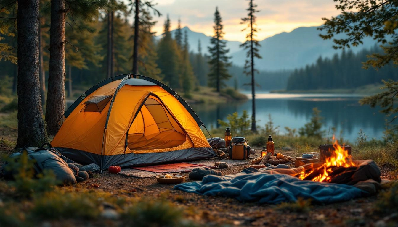 multi-functional camping gear setup 2026 with tarp shelter and compact cooking system