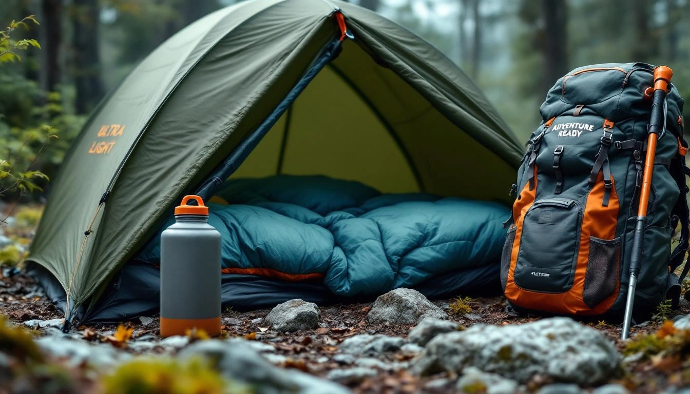 multi-purpose backpacking items laid out for lightweight camping