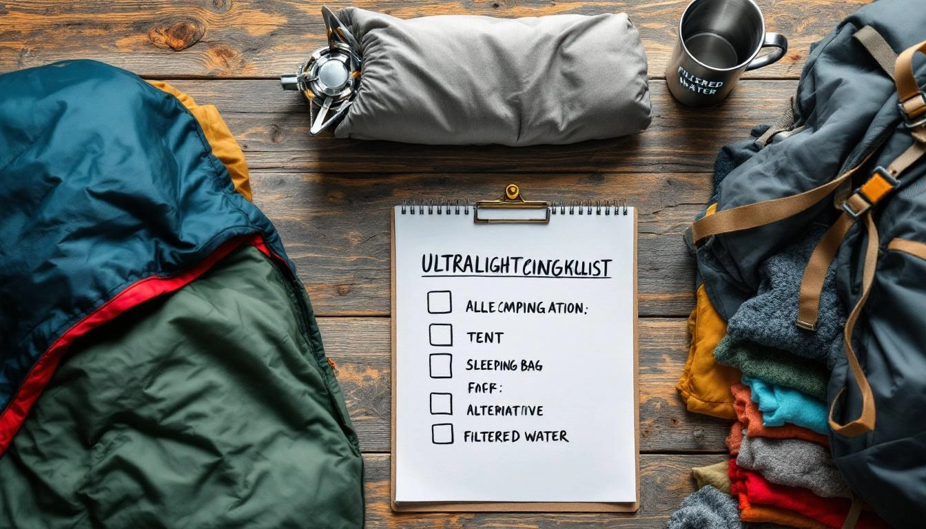 ultralight camping checklist gear layout on ground before packing