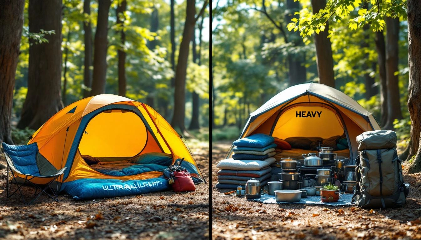 Side by side setup showing the difference between ultralight and heavy camping with lightweight backpack vs full car camping gear