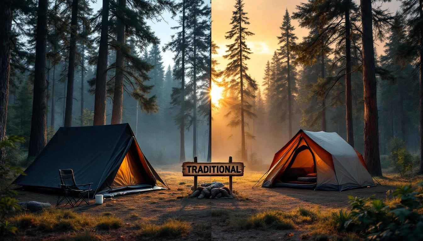 minimalist camping vs traditional camping gear comparison at campsite with backpack and full car camping setup