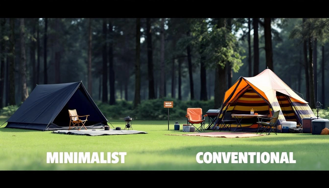 Gear comparison showing minimalist vs conventional camping setup differences at a campsite