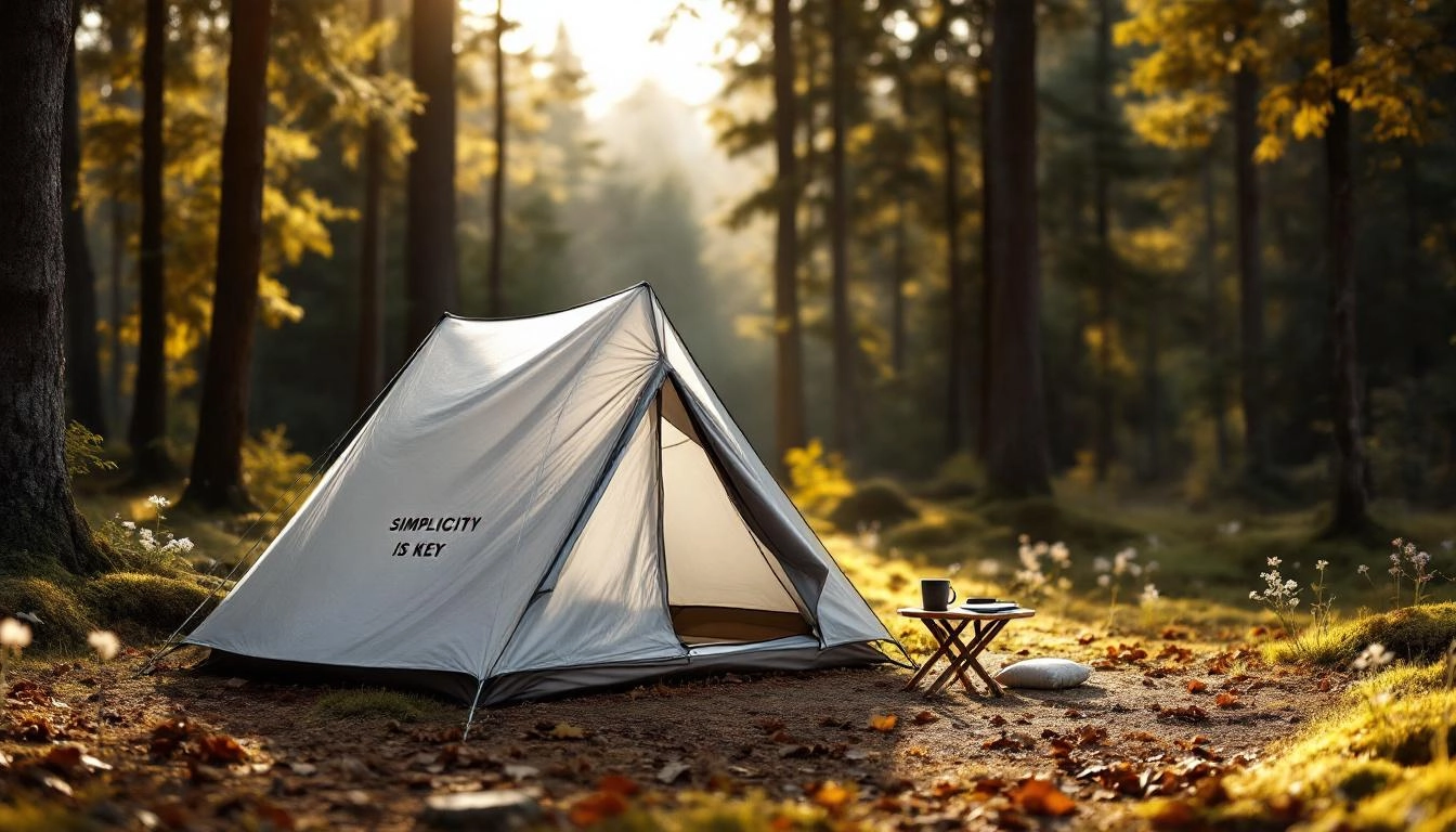 what is minimalist camping lightweight tent setup in a simple forest campsite