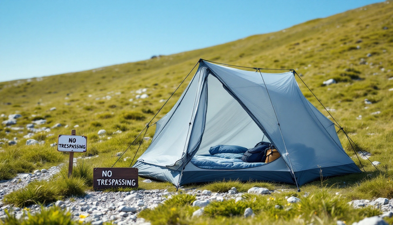 one-person ultralight tent setup in alpine terrain with trekking poles and rocky ground