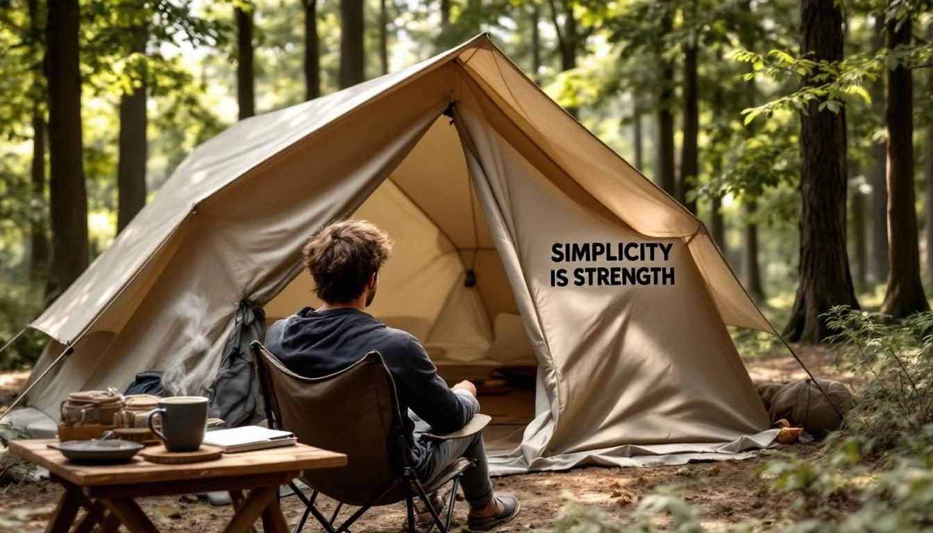 Simple campsite setup illustrating the philosophy of minimalist camping with a compact tent and small cook kit