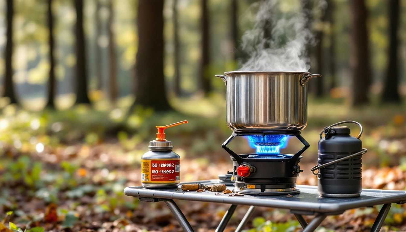 ultralight backpacking stoves setup in windy alpine campsite with small canister stove and pot